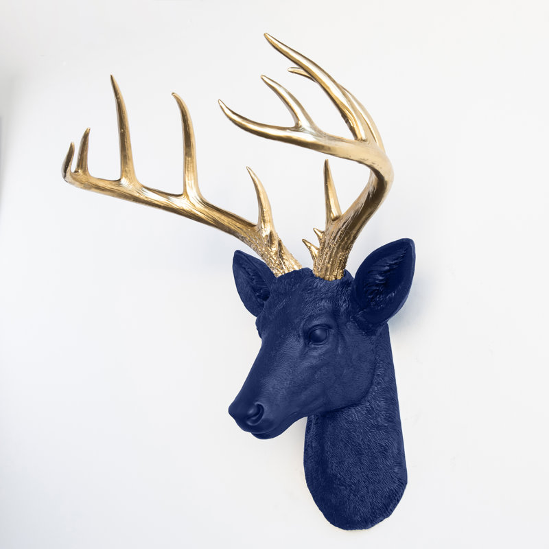 Grande décoration murale fausse tête de cerf naturalisée, Marine / doré
