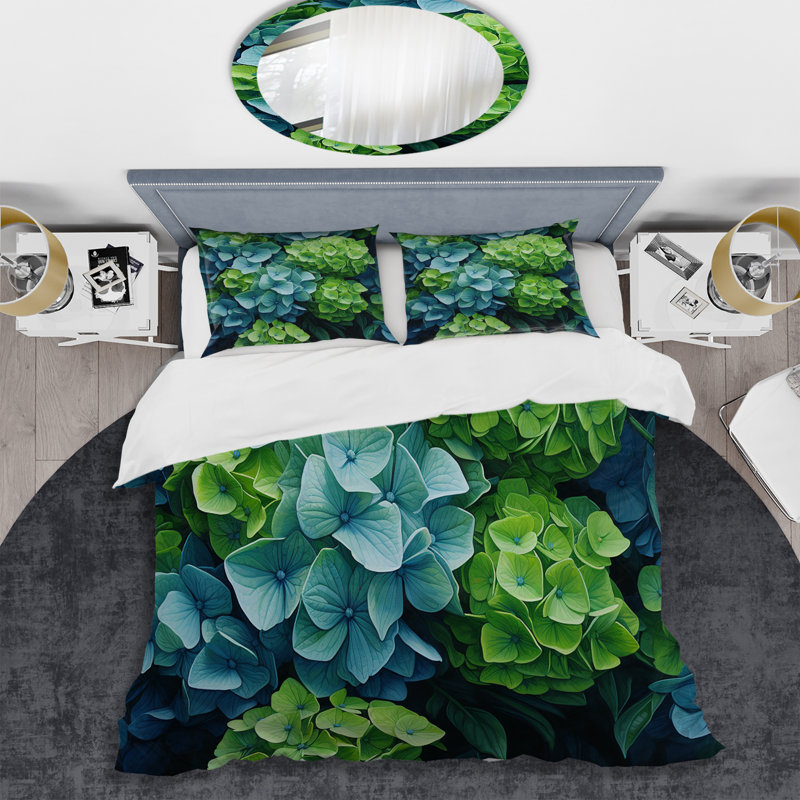 Ensemble de housse de couette vert et bleu, hydrangées et émeraude, Housse de couette très grand et 2 très grandes t