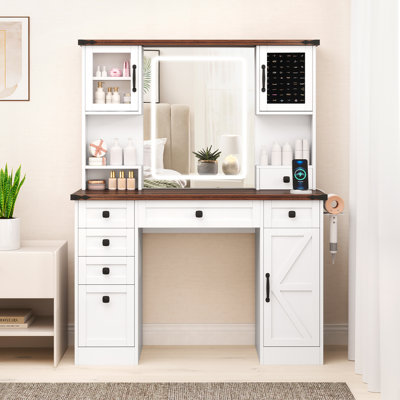 Farmhouse Vanity Desk W/ Lighted Mirror Makeup Vanity Table W/ 3 Doors
