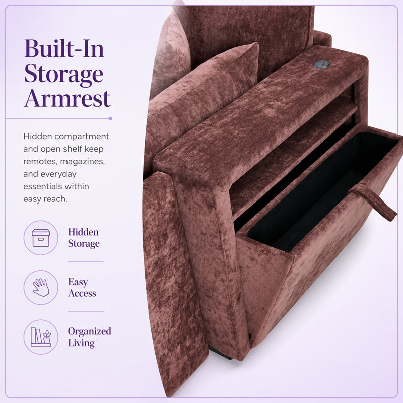 Canapé d'angle modulaire Doroteia avec accoudoirs de rangement, ports USB et pouf rouge