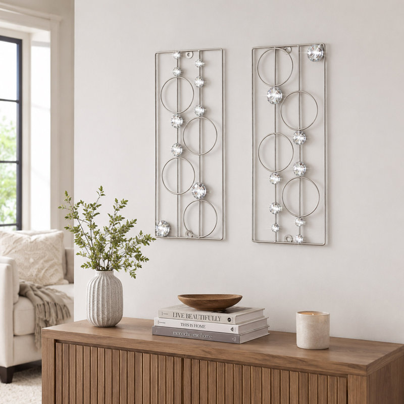 Ensemble 2 pièces d'art mural abstrait en métal 15,7 po, argent, Argent