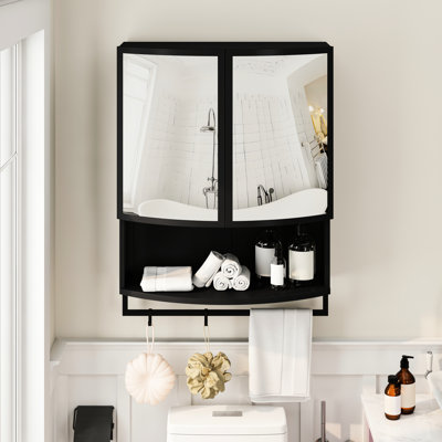 Armoire de rangement moderne à double porte en verre noir arqué de 61,6 cm (24,26 po) avec miroir incassable, étagères et porte-serviettes. Design gain d'espace, ouverture/fermeture facile. Parfait pour la décoration intérieure. Installation facile.