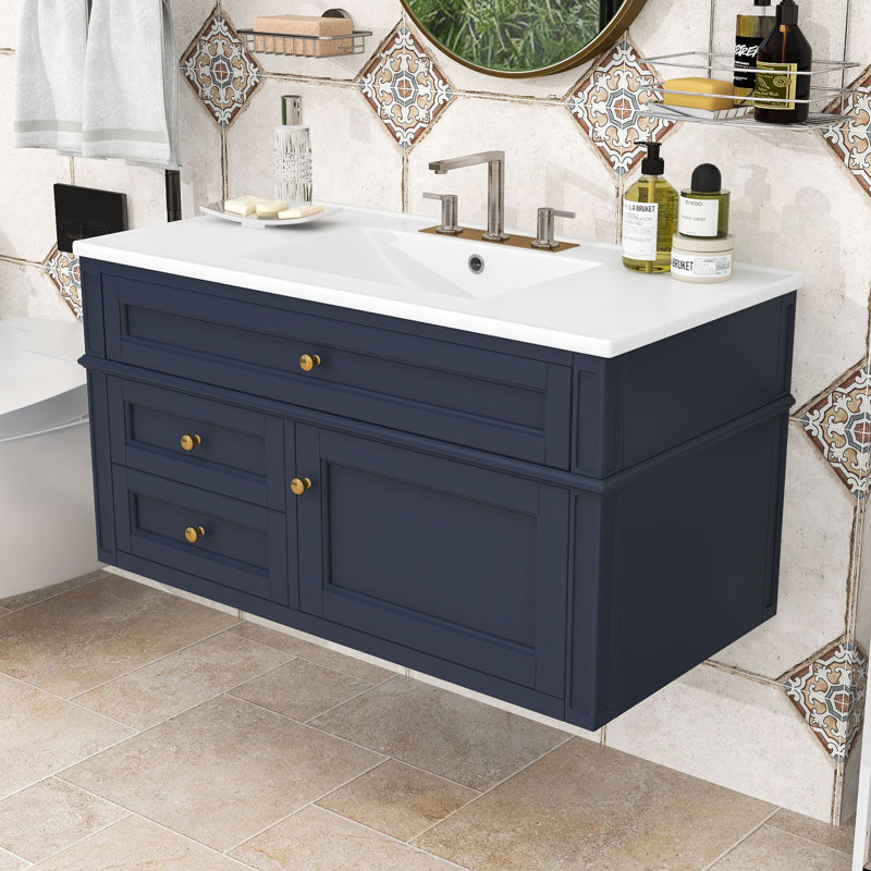 Meuble-lavabo mural avec lavabo en céramique, tiroir basculant, charnières à fermeture en douceur et rangement spacieux, Blue