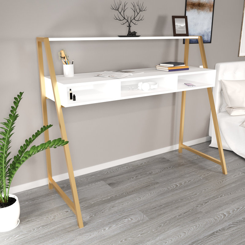 Aliona Metal Base Writing Desk, White/Gold