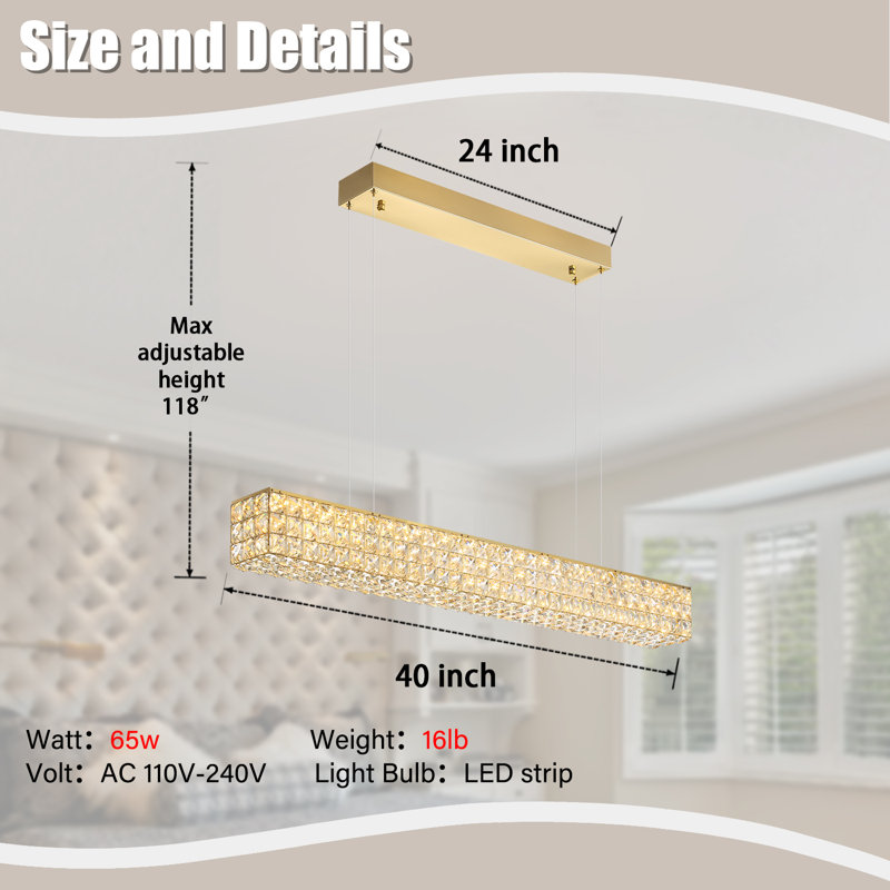 Lustre moderne en cristal Lustre rectangulaire en cristal Lustre suspendu contemporain en cristal pour salle à manger Îlot de cuisine (l 40 po)