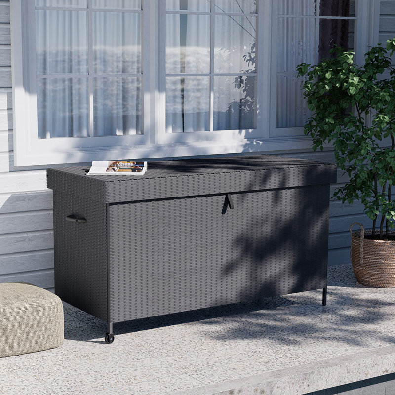 Blue Elephant 153.55cm W 643.5L Water Resistant Wicker Deck Box with Wheels, Black