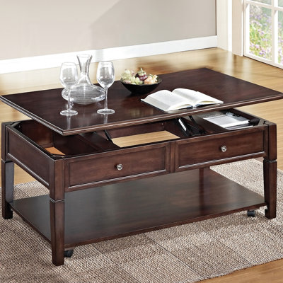 Table basse à plateau relevable en noyer avec rangement pour magazines et couvertures