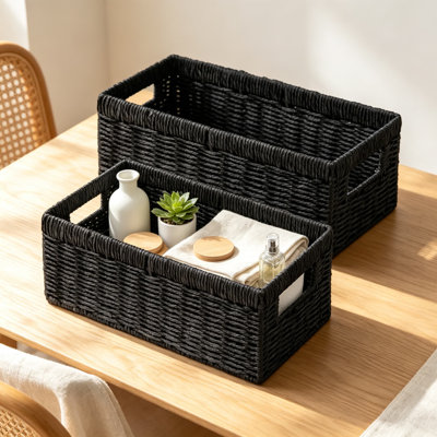 Ensemble de 2 paniers de rangement en osier tressé à la main, paniers de rangement en corde de papier pour comptoir, garde-manger, réservoir de toilettes, salon, chambre, étagère de cuisine, ensemble de paniers décoratifs polyvalents