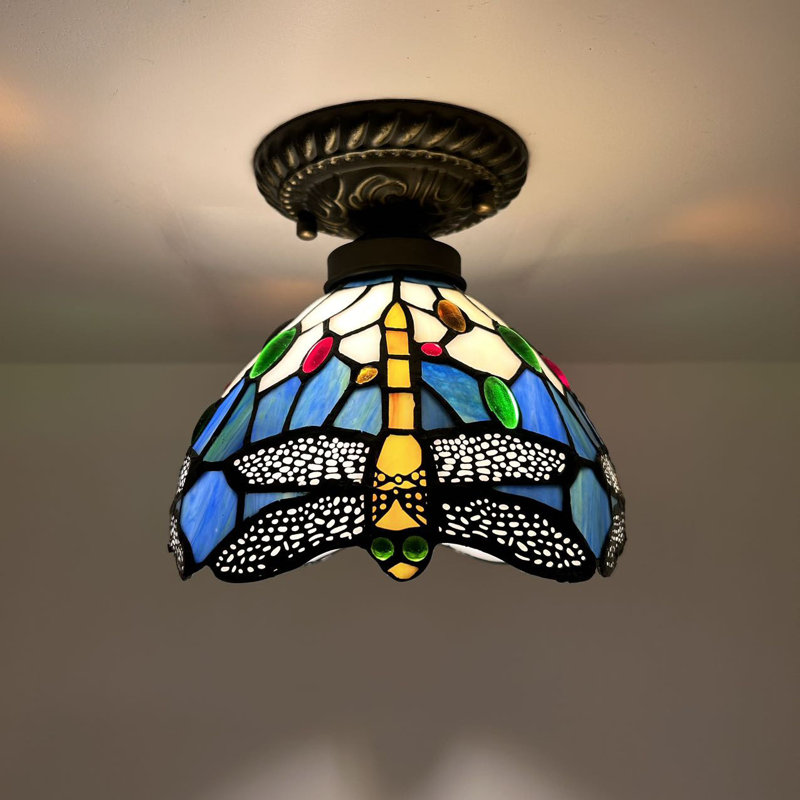 Ventilateur de plafond en forme de bol en bronze à 1 lumière 8 po, Jaune / bleu