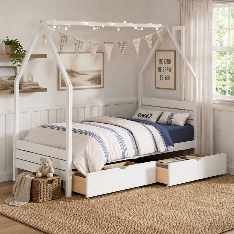 Lit en forme de maison avec tiroirs de rangement et tête de lit, Twin, White