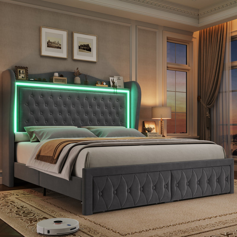 Lit plateforme tapissier en velours avec éclairage DEL et tiroirs de rangement Kaliya , Grand lit, Gris