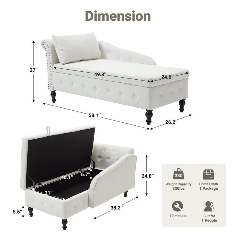 Chaise longue de rangement en velours Eastham, Beige, Orienté à droite