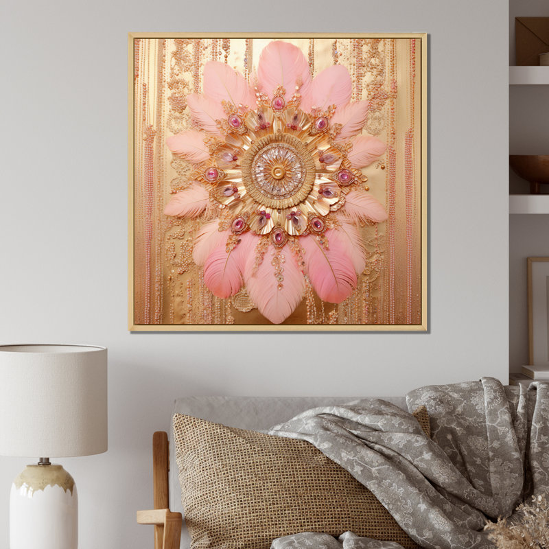 Boho Glam Pink and Gold Dreamcatcher, reproduction d'art sur toile, Cadre naturel flottant, H 30 po x l 30 po