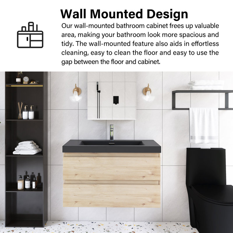 Meuble-lavabo mural simple 36 po avec plateau en marbre de culture intégré, Chêne