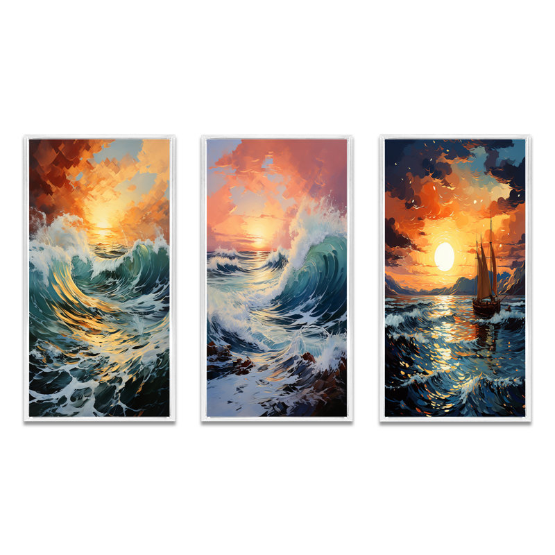«Orange Teal Coastal Storm», 3 pièces, Cadre blanc, H 40 po x l 60 po