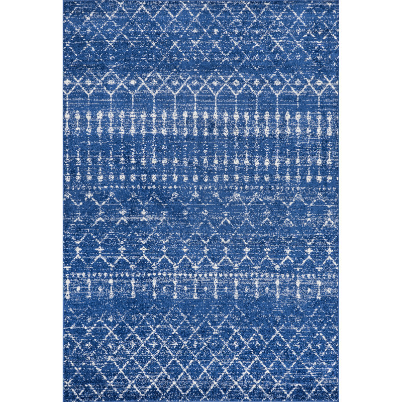 Maslah Geometric Moroccan Power Loom Performance Blue Rug, Rectangle 6'7" x 9'