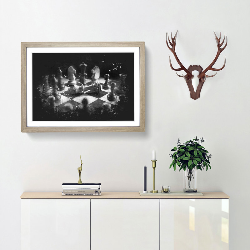 Chess Checkmate - Single Picture Frame Print on MDF, Oak Framed, 62cm H x 87cm W x 2cm D