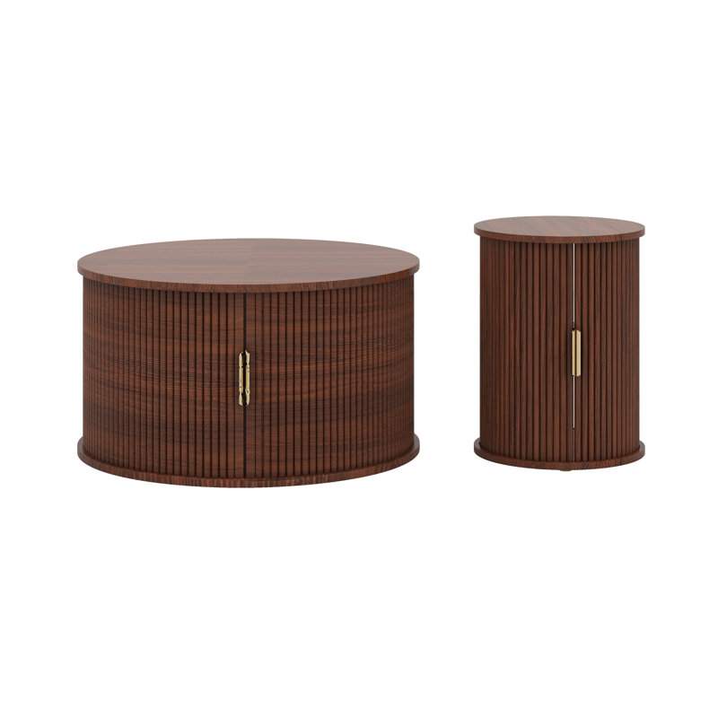 Ensemble de 2 tables basses Mid-Century, rondes en bois avec porte tambour, Noyer