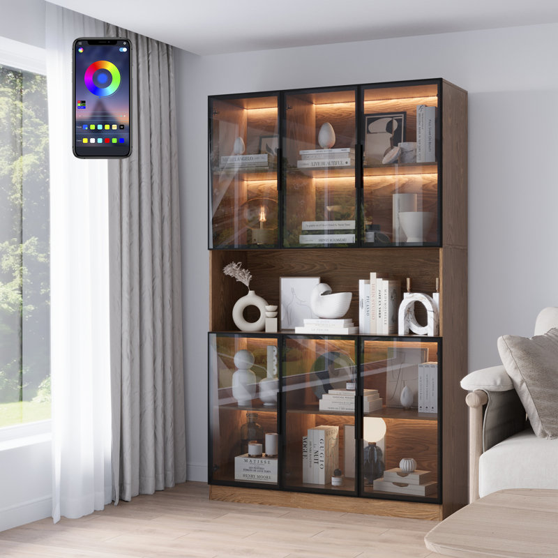 Glennell Lighted China Cabinet With Glass Doors And Shelves, Walnut