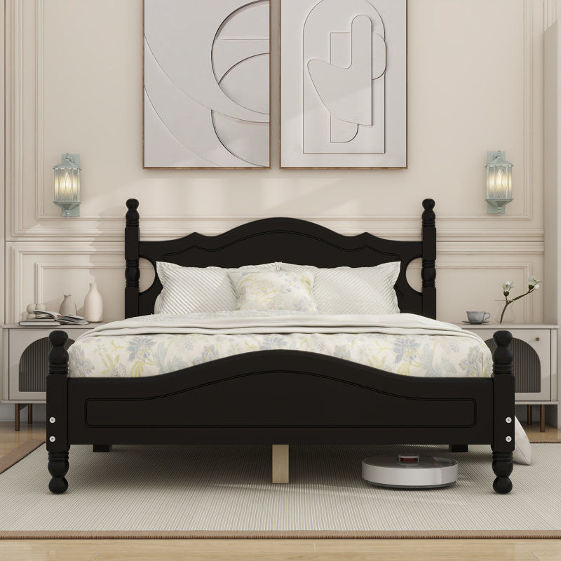 Base de lit plateforme en bois, lit plateforme de style rétro avec support en lattes de bois, Double, Noir