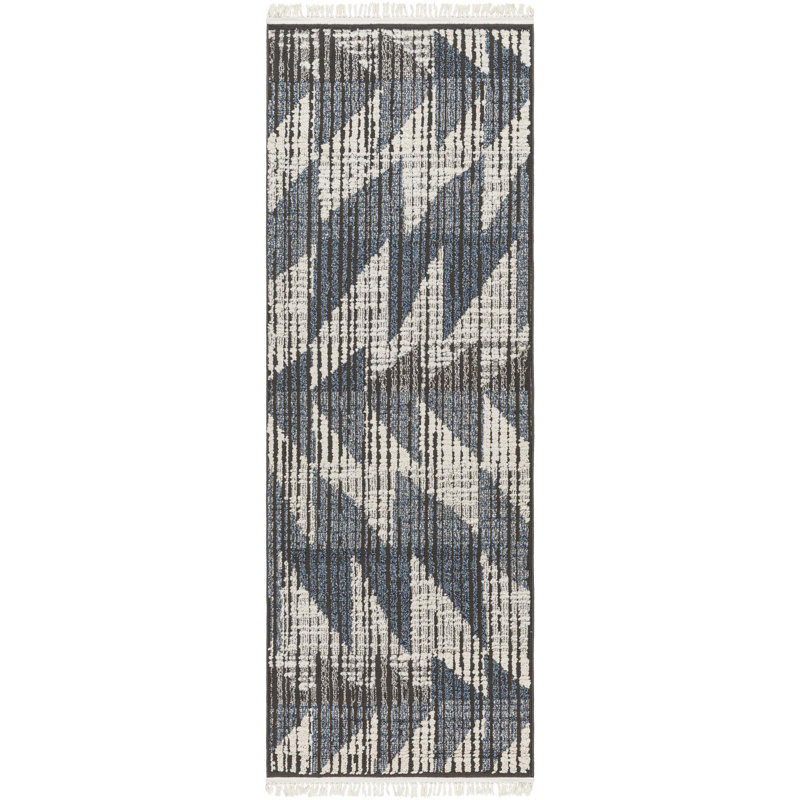 Tapis abstrait bleu et crème Leona, Tapis de couloir 2 pi 7 po x 7 pi 3 po