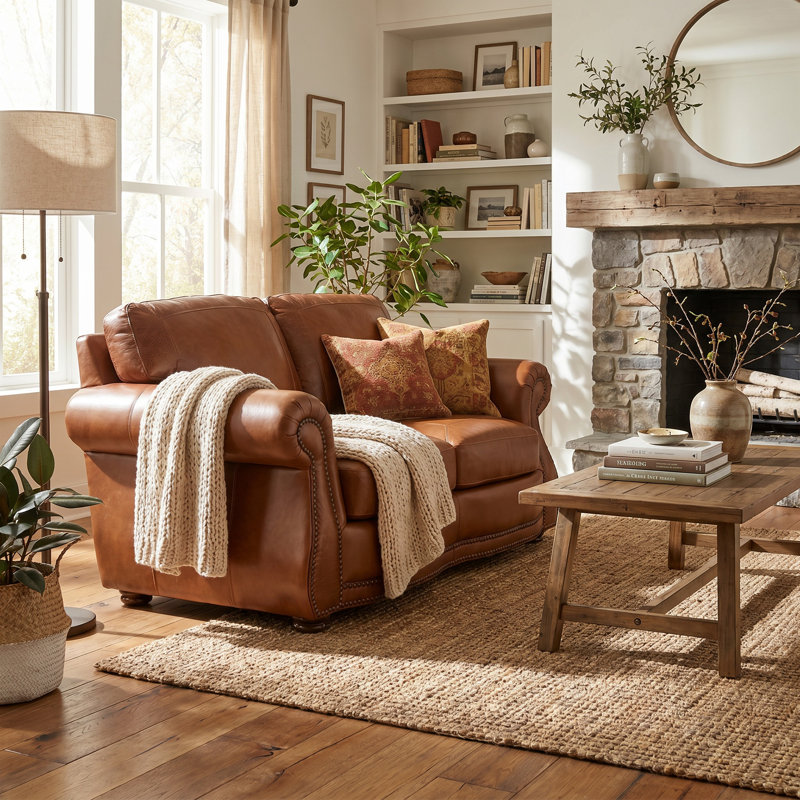 Causeuse en cuir brun 100% cuir Canyon, Marron clair, H 39 po x l 69 po x P 40 po, 2