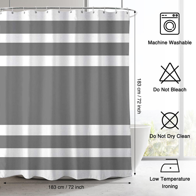 Bathroom Shower Curtain with 12 Hooks, Grey Striped