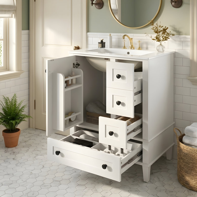 Meuble-lavabo de salle de bain avec tablettes à deux niveaux sur la porte, Blanc