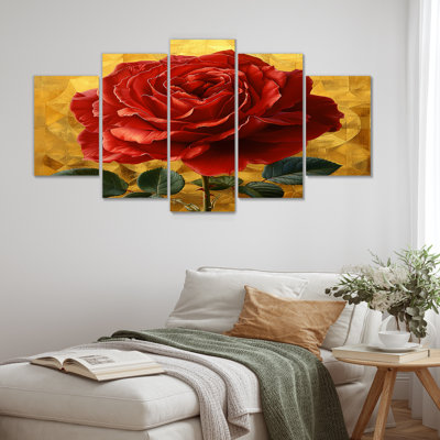 «Red Rose On Vintage Gold - Rose», ensemble d'art mural 5 pièces