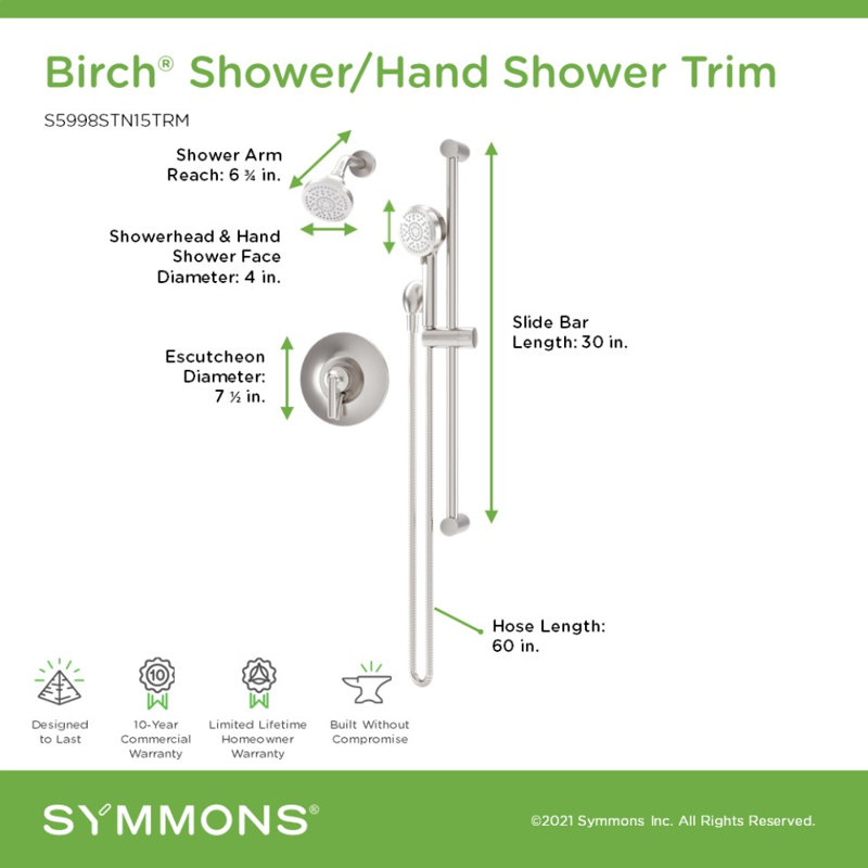 Ensemble de garniture de robinet de douche avec douchette Birch HydroMersion, Nickel satiné