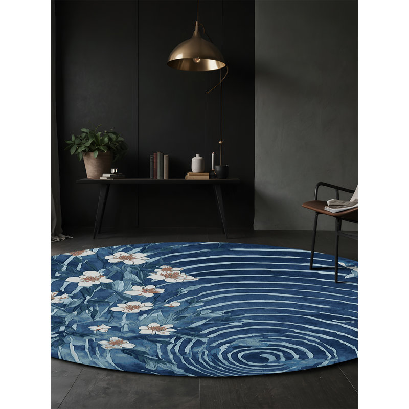Machine Washable Blue Area Rug, Round 7'