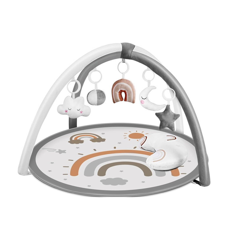 Tapis de jeu pour bébé de 35,4 po avec 6 jouets suspendus détachables, Gris
