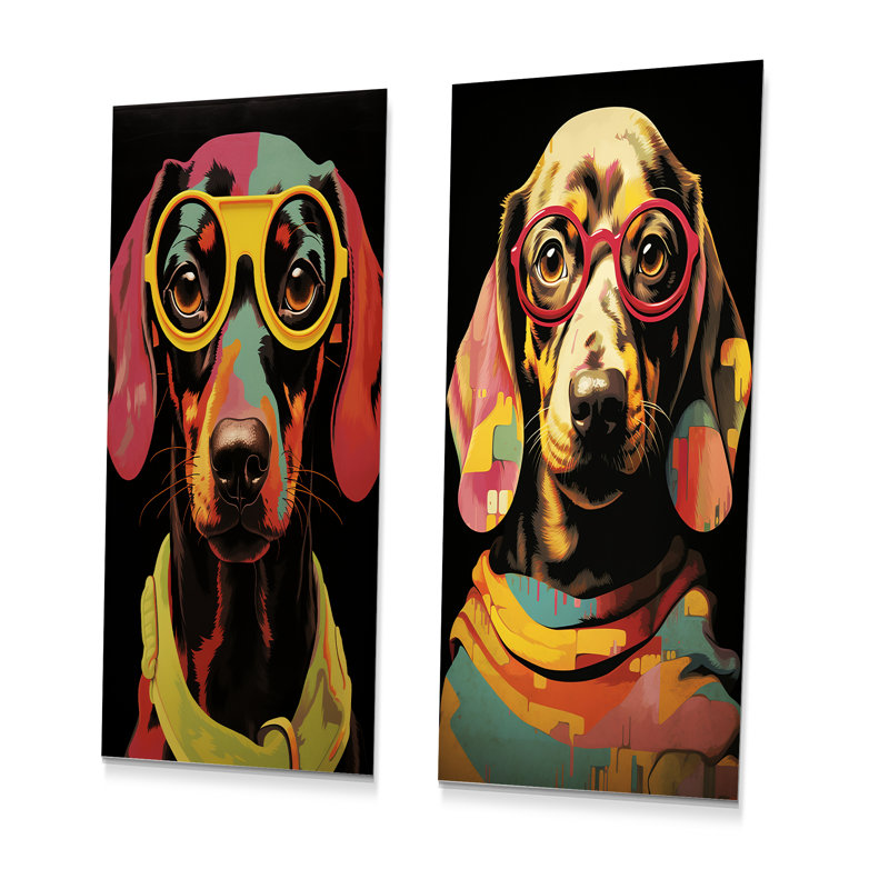 Curious Popart Daschund Dog I - Ensemble de 2 décorations murales en métal Daschund, H 32 po x l 32 po