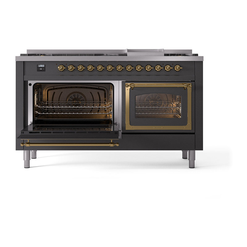 ILVE Nostalgie II Noblesse 60 in Dual Fuel Range, 9 Burner, Griddle, Natural Gas, Graphite Matte/Brass