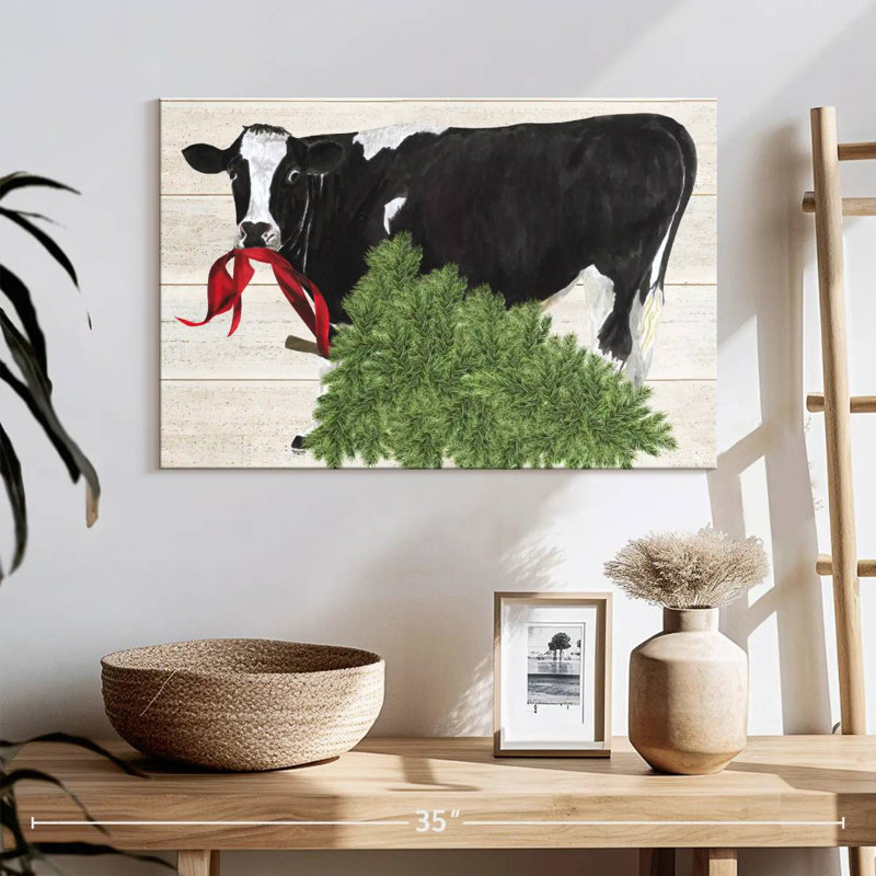 Noël à la ferme II - Vache avec arbre, H 16 po x l 24 po