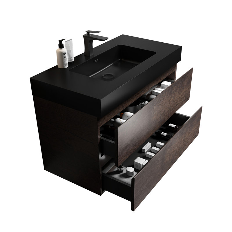 Meuble-lavabo de 36 po en noyer - aspect moderne, silencieux, grand espace, finition et lavabo en noyer noir, fermeture, rangement, lavabos élégants