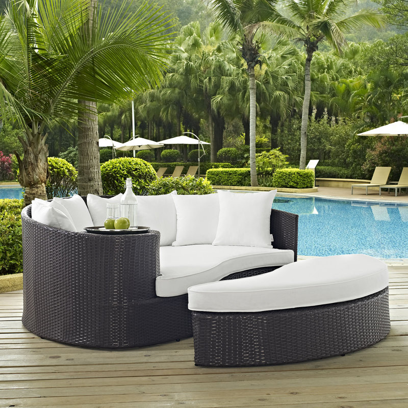 Convene 79" Wide Outdoor Wicker Patio Daybed with Cushions, Espresso/White