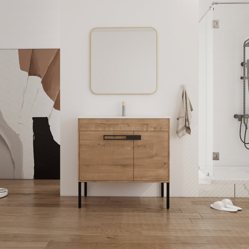 Ensemble de meuble-lavabo simple 36,34 po avec plateau en céramique Cyntoria, Chêne