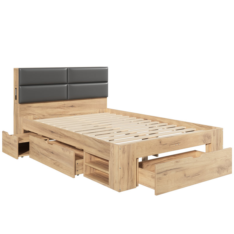 Natural Oak Effect Wooden Bed with 3 Drawers & LED Reading Light, Single