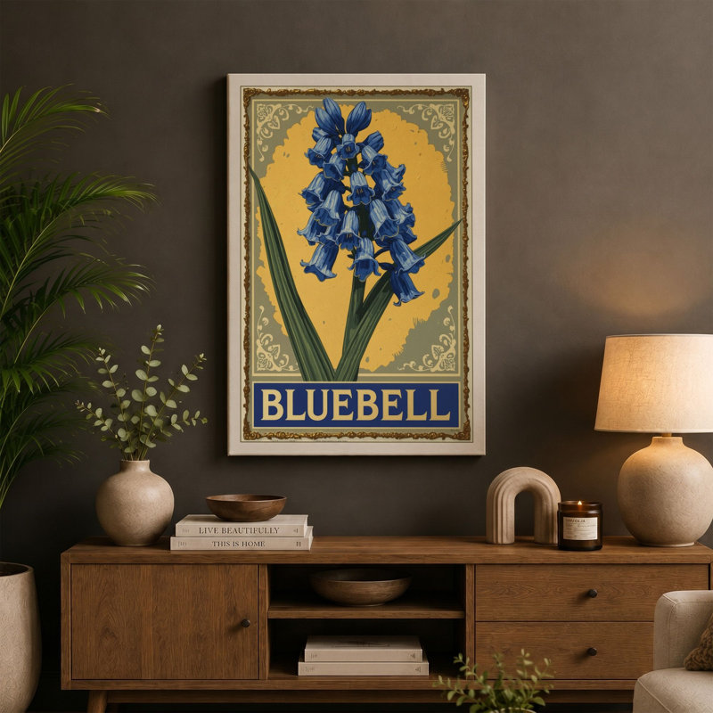 Bluebell Botanical 1 Piece Wrapped Canvas Wall Art, 36x24 - 91.4 x 61.0 cm, Teal Border