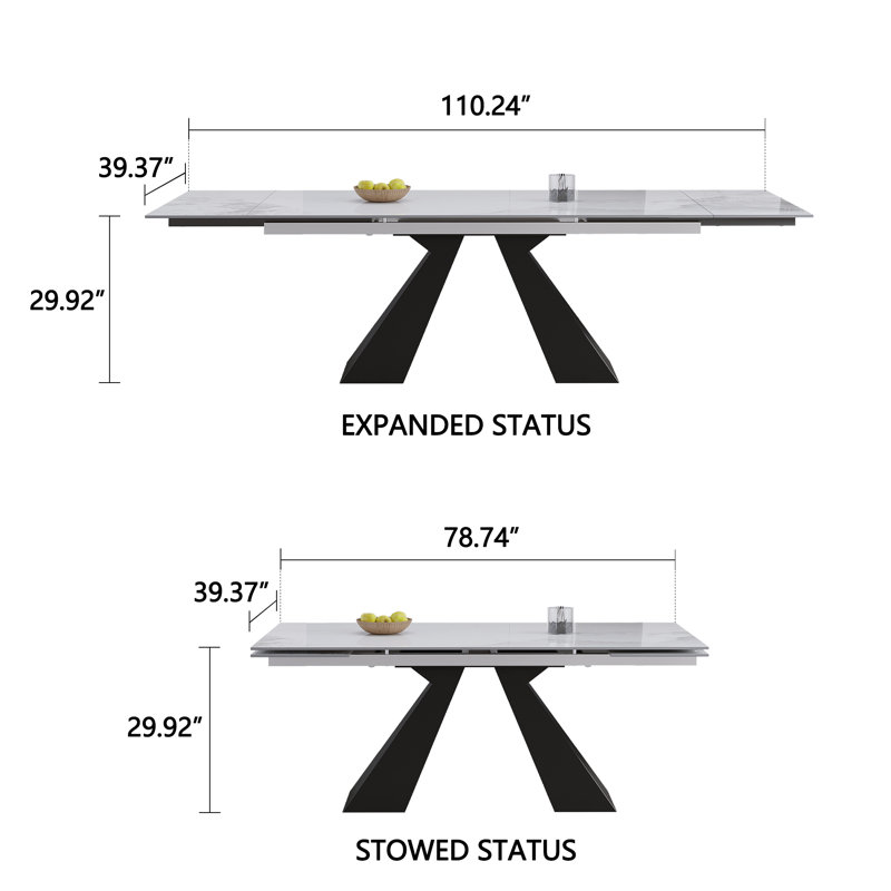 Mature 78.74'' to 110.23” Extendable Rectangular Sintered Stone Dining Table For 10-12, Chanel