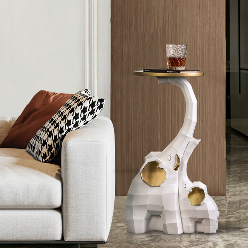 Table d'appoint blanche et dorée en forme d'éléphant, Blanc