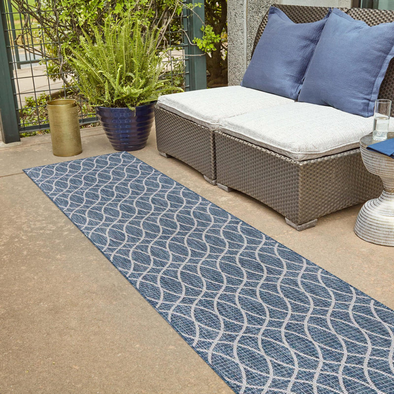 Blue Gitter Indoor/Outdoor Trellis Rug, Runner 2'11" x 10'
