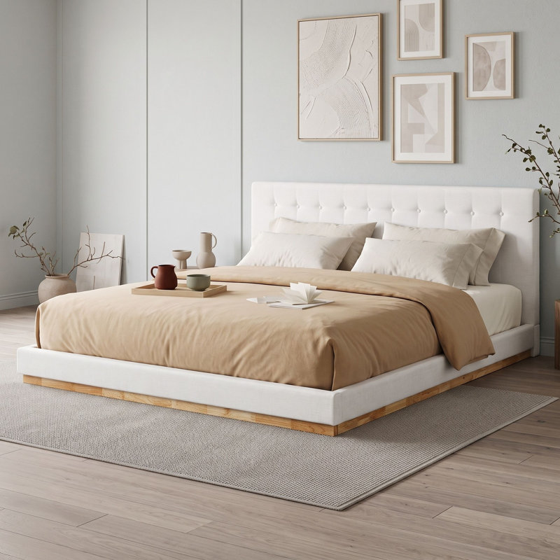 Wood Platform Bed with Upholstered Headboard