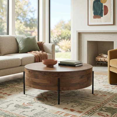 Table basse cylindrique industrielle en bois de manguier massif de 38 po de largeur avec pieds en fer Rayburn