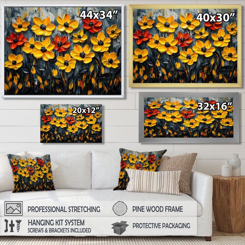 Jaune et gris poinsettias champ de radiance II - Poinsettias Wall Art Decor, H 12 po x l 20 po, Toile tendue