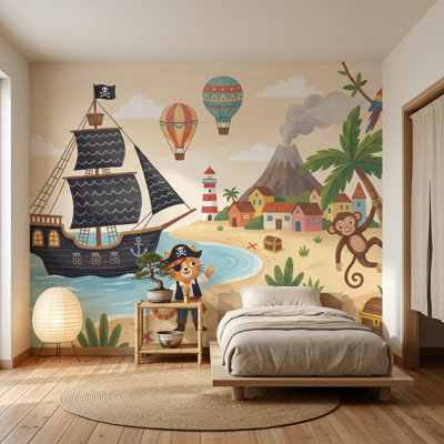 Papier peint pirate tropical, paysage de plage, livre de contes, illustration, décoration murale amovible
