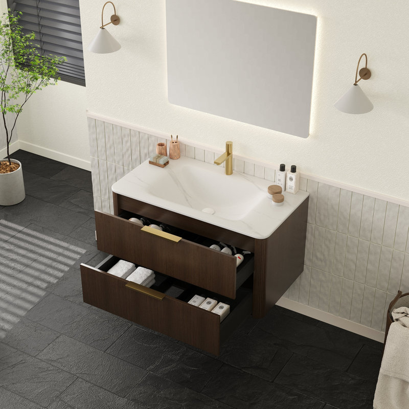 Meuble-lavabo de salle de bain avec lavabo flottant ultra-fin en contreplaqué avec tiroirs Zane 36 po Zane, Noyer