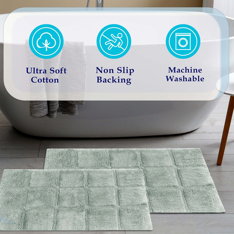 Sandcliff Checkered Cotton Non-Skid Machine Washable 2 Piece Bathroom Rug Set, Checkers Sage