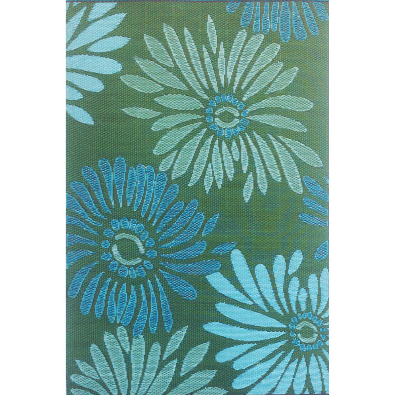 Floral Blue & Green Indoor/Outdoor Area Rug - UV Resistant, Reversible, Rectangle 6' x 9'
